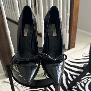 Prada Black Croc-Embossed Pointed Toe Bow Heels